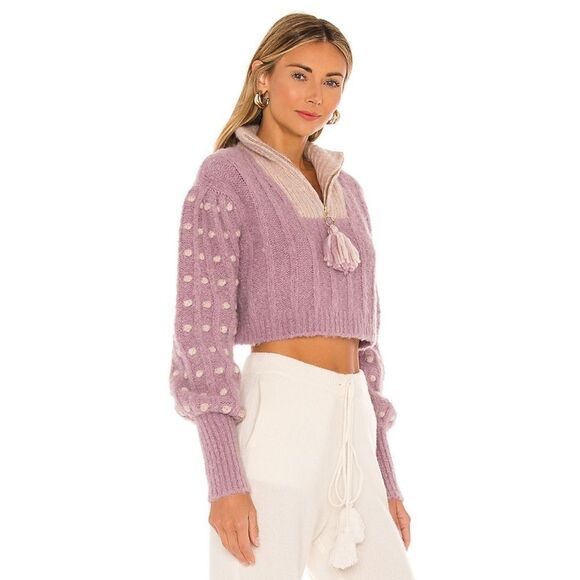 LoveShackFancy Jonae Cropped Mock Zip Up Sweater - Muscat Grape - Picture 1 of 12